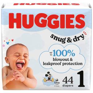 lot 14173 image: Huggies Size 1 Diapers, Snug & Dry Newborn Diapers, Size 1 (8-14 lbs), 44 Count, Packaging May Vary