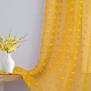 lot 14190 image: Mustard Yellow Sheer Curtains 84 Inch Length 2 Panels for Spring Living Dining Room Bedroom Boho Farmhouse Gold Semi Sheer Pom Poms Tufted Curtain 84 Inches Long for Nursery Girls Kids Room Back Tab