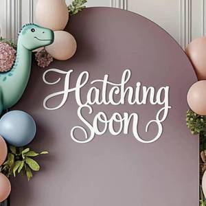 lot 14196 image: Wooden Hatching Soon Sign for Backdrop, Dinosaur Theme Baby Shower Decorations for 1st Birthday Gender Reveal Baptism Party Balloon Arch Decorations
