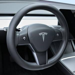 lot 19410 image: Uxcer Nappa Leather Steering Wheel Cover Compatible with Tesla Model 3Y 2016-2025 2026 JuniperHighland, Non-Slip Breathable Model 3Y Steering Wheel Protector, Black