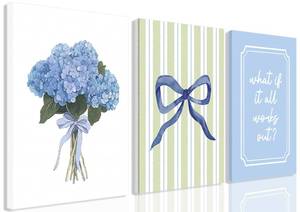 lot 19445 image: 3Pcs Blue Bow Preppy Canvas Wall Art, Inspirational Quotes Fashion Bow Cute Hydrangea Modern Minimalist Botanical Decor Blue Aesthetic Posters Prints for Girl Bedroom Bathroom or Dorm 12x16in Framed