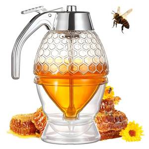 lot 19459 image: Livoanah Honey Dispenser - Glass Honey Dispenser No Drip, 8oz Pot with Stand, Maple Syrup Container, Elegant Honeycomb Shaped Jar for Tea Time (Small)(Missing Base)