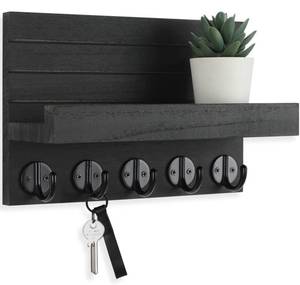 lot 19463 image: Lwenki Key Holder for Wall, Decorative Key and Mail Holder with Shelf Has Large Hooks for Bags, Coats, Umbrella �� Paulownia Wood Key Hanger with Mounting Hardware (9.8W x 6.7H x 4.2D)