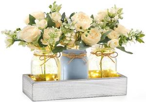 lot 19472 image: Mkono Mason Jar Lights Centerpiece Table Decor for Dining Room Farmhouse Wood Tray with 3 Jars Flowers Center Pieces Spring Decor for Coffee Table Kitchen Living Room, Grey Blue