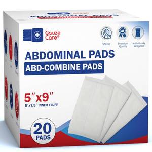 lot 19477 image: GauzeCare Sterile Abdominal Pads 5x9 inch 20-Pack  Extra Absorbent & Thick, Individually Packed Combine Pads with Non-Stick Outer Layer for Heavy Bleeding Wounds  Perfect for First Aid Kits (IFAKs)