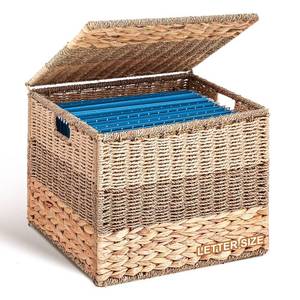 lot 19480 image: Decorative File Box 14 x 12 x 11 in Wicker Seagrass File Basket Organizer for Letter Size Hand Woven Hanging Filing Cabinet with Lid for Document Folder Home Office Decor, Water Hyacinth, Tricolor