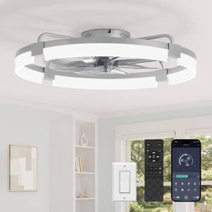lot 19482 image: LEDIARY 24 Ceiling Fans with Lights and Remote, Modern Low Profile Ceiling Fan, 3 CCT, Stepless Dimmable, Fandelier Flush Mount Fan Light, 6 Speeds, DC Motor, App & Remote Control for Bedroom(Grey)