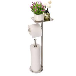 lot 19490 image: Noonext Toilet Paper Holder with Shelf, Freestanding Toilet Paper Stand with Tray for Small Items, Toilet Paper Holder Freestanding, Storage Space for 4 Extra Toilet Paper Rolls (Brushed Nickel)