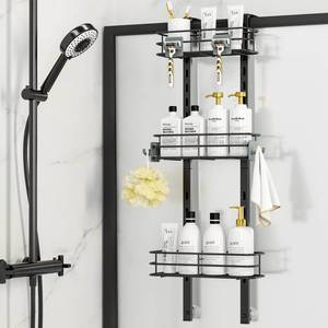 lot 19495 image: ODesign Over The Door Shower Caddy, 3-Tier Adjustable Hanging Caddy with 4 Hooks, Rustproof Bathroom Organizer with Suction Cup, Shower Shelf Rack for Shampoo, Razor - Black