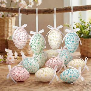 lot 19501 image: Gemscream 24 Pcs Easter Eggs Hanging Ornaments, Colorful Foam Easter Hanging Eggs Decorations with Bow Bunny and Floral Designs for Tree Basket Filler Decor Party Favors (Floral Print Style)