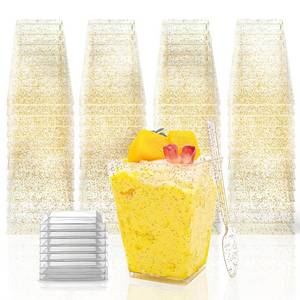 lot 19507 image: Vintrol 180 Pack Gold Glitter Dessert Cups with Lids and Spoons 5Oz Plastic Square Yogurt Parfait Appetier Cups for Party Disposable Small Dessert Shooter for Ice Cream��Fruit and Pudding (Pieces Missing)