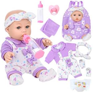 lot 19516 image: UZIDBTO 12 Baby Doll with Flower Pattern Backpack Carrier,12 Inch Realistic Baby Dolls with Clothes and Accessories Hanky Pacifier Bottle Diaper Toy Pretend Play Collection for 3 Child Girls Gifts