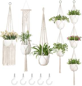 lot 19525 image: Mkono Macrame Plant Hangers, 5 Pack Different Tiers Indoor Hanging Planters Basket with 5 Hooks Decorative Flower Pots Holder Stand Boho Home Decor, Ivory