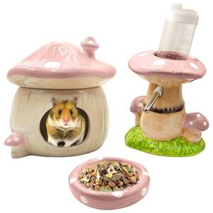 lot 19526 image: BELEATAL Mushroom Ceramic Hamster Hideout, Water Bottle with Stand, Food Bowl, Hamster Accessories (Pink)