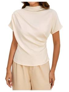 lot 20097 image: SweatyRocks Womens Casual Short Sleeve Mock Neck Tee Top Asymmetric Ruched Plain T Shirt Beige L