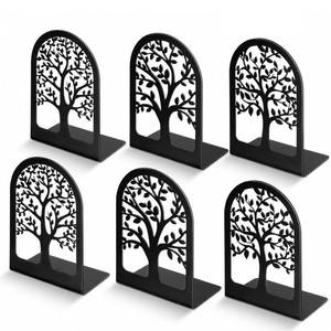 lot 20102 image: HappyHapi Book Ends, Metal Bookends for Shelves Decorative, Tree Stopper for Heavy Books, Black Ends to Hold Books for Home Office, 6.5 X 4.7 X 3.5 Inch(4 Pcs, Large)