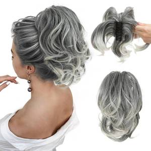 lot 20123 image: CJL HAIR Claw Clip Short Ponytail Hair Extensions DIY Bendable Metals Messy Bun Hair Piece for Wonen Wavy Curly Synthetic Fake Hairpieces Salt and Pepper