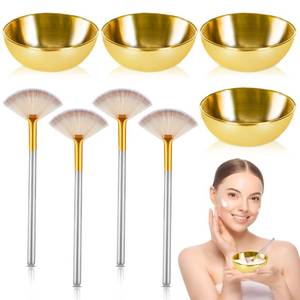 lot 20134 image: 8 Pcs Gold Facial Bowl and Brush Set 4 Gold Stainless Steel Mixing Bowls 4 Facial Fan Brushes Esthetician Face Mask Brush for Mud Cream Makeup Spa Salon (8 Pcs)