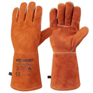 lot 20158 image: vclpower Welding Gloves Fire Heat Resistant 14IN Fireproof Leather for Welding Fire Pit Wood Stove Campfire Furnace BBQ Baking,Grill Oven Stick Mig Tig Gear Gift for Man L (Used)