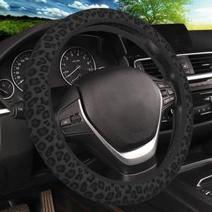 lot 20175 image: KARREAL Black Leopard Print Cheetah Elastic Steering Wheel Cover, Non-slip Breathable Neoprene Steering Wheel Covers, Women Leopard Car Accessories, Universal 15 Inch Fit Auto, Suvs, Truck