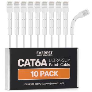 lot 20205 image: Everest Ultra Slim Cat6a Ethernet Patch Cables 3ft (10-Pack) White - 10GB Cat 6a Patch Cable - Bendable, Flexible & Thin Ethernet Cable - Space Saving 32AWG 550MHZ Cat6a Cables - 100% Copper Wires