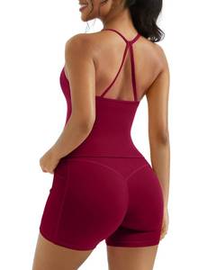 lot 20209 image: OMKAGI 2 Piece Workout Sets for Women Padded Sports Bra Tank Booty Gym Shorts with Pockets(S,284-Burgundy)