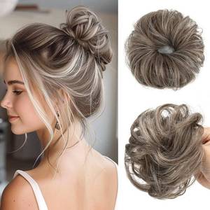 lot 20211 image: CJL HAIR 2PCs Small Cute Messy Bun Hair Piece for Thin Hair Women Mini Synthetic Curly Bun Scrunchies Updo Hairpieces Middle Grey