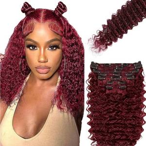 lot 20230 image: 99J Burgundy Curly Clip in Hair Extensions,Soft Real Human Hair 120g 7pcs,16 Inch Brazilian Remy Wine Red Clip ins for Women,99J Deep Wave Clip ins Silky Hair Extensions