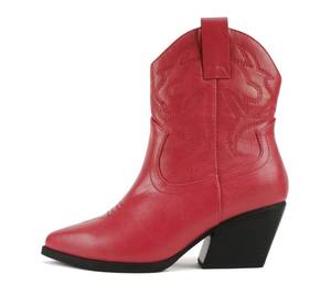 lot 20254 image: Soda BLAZING  Women Western Stitched Pointe Toe Low Heel High Top Ankle Shaft Boot Bootie (Fire Red Pu, us_footwear_size_system, adult, women, numeric, wide, 7.5)