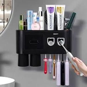 lot 14149 image: Wall Mounted Toothbrush Holder with Automatic Toothpaste Dispenser, Rechargeable Bathroom Organizer Rack, Covered Storage Case, Space Saving No Drill Installation for Family Use