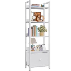 lot 1312 image: Furologee 5 Tier Bookshelf with Drawer, Tall Narrow Bookcase with Shelves, Wood and Metal Book Shelf Storage Organizer, Modern Display Standing Shelf Unit for Bedroom, Living Room, Office, White