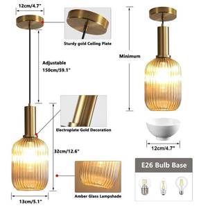 lot 1328 image: KCO Lighting 1-Light Amber Glass Ceiling Light Fixture Vintage Striped Glass Pendant Light Farmhouse Cylinder Pendant Light Gold Mini Kitchen Island Pendant Lighting Single Hanging Light(white glass cover)
