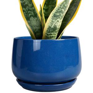 lot 1332 image: G EPGardening Round Ceramic Plant Pots - 7 Inch Modern Planter with Drainage and Plant Saucer for Indoor Outdoor Flower, Round Office Decor, New Gifts for Home, Blue