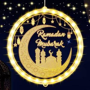 lot 2075 image: ROCEEI 3D 9.45 Ramadan Mubarak LED Window Lights Moon and Star Hanging Ornament with Suction Cup Ramadan Lights Decorations Indoor Outdoor Battery Operated for Bedroom Holiday Party