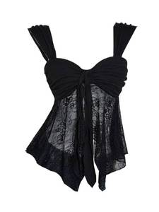 lot 2104 image: BEAUDRM Womens Y2k Lace Tank Top Sheer Mesh Asymmetrical Flowy Sweetheart Neck Sleeveless Going Out Party Club Rave Tops Black X-Small