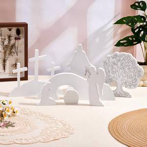lot 2124 image: APUDW 7 Pcs Easter Scene and Cross Decoration White Wooden Empty Tomb Resurrection Scene Tabletop Display Christian Religious Jesus Nativity Set for Easter Holy Week Home Office Church Tray Shelf