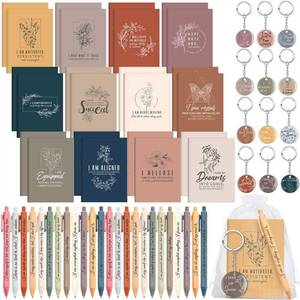 lot 2147 image: Mooliwe 24 Set Positive Affirmation Gift Set Gratitude Notebooks with Pens Acrylic Keychains Small Bags Motivational Notepads for Women Coworkers Christmas Adults Party Favors (Vibrant)