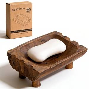 lot 2174 image: Large Rustic Teak Wood Soap Holder, Farmhouse Wooden Soap Dish,Decorative Bathroom Shower Soap Holder, Handmade Kitchen Countertop Soap Stand with Draining Holes