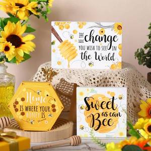 lot 2179 image: 3 Pieces Tiered Tray Wood Signs Farmhouse Tray Decor Blank Wooden Table Sign Inspired Summer Fall Decor Rustic Mini Wood Kitchen Signs (Honeybee Style)