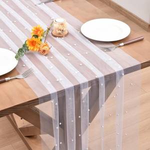 lot 2189 image: Dlpafzy White Pearl Table Runner Boho Rustic Tulle Lace Spring Easter Table Runner for Baby Shower Wedding Arch Decor Veil Dessert Table Decor 3pcs