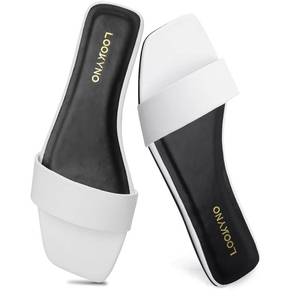lot 2206 image: Lookyno Womens Flat Sandals Square Fashion Basic Sandals Slides Comfortable Slip On Summer for Slippers Casual Peep Toe Beach