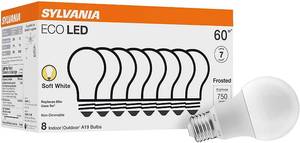 lot 2207 image: Sylvania ECO LED Light Bulb, A19 60W Equivalent, Efficient 9W, 7 Year, 750 Lumens, 2700K, Non-Dimmable, Frosted, Soft White - 8 Pack (40821)