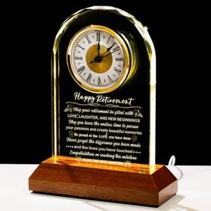 lot 3781 image: Glass Retirement Clock With Wooden Light Base - Happy Retirement Plaque for Women Men Colleagues Boss Friend - Farewell Gift Idea for Her Going Away - Retired Keepsakes for Teacher Doctor
