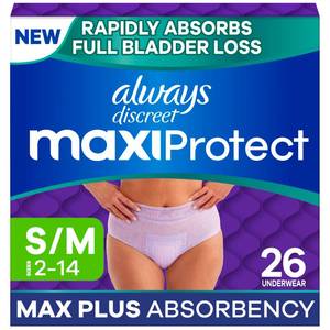 lot 3786 image: Always Discreet MaxiProtect Adult Diapers for Women, Incontinence Underwear, Scented, Postpartum Essentials, Bladder Leak Protection, Disposable Briefs, Maximum Plus Absorbency, Size SM, 16 Count