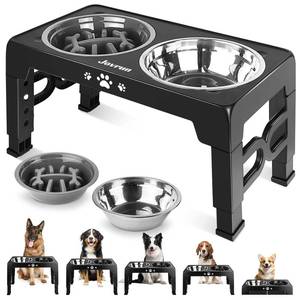 lot 3791 image: Jovrun Elevated Dog Bowls for Medium Large Size Dogs, Non-Slip Dog Feeder with 1Stainless Steel Dishes & 1Slow Feeder Bowl, 5 Heights Adjustable Raised Bowls to 3.15��-8.66��-9.84��-11.02��-12.2��