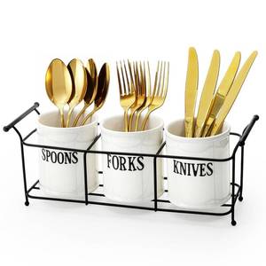 lot 3792 image: Bekith 3-Piece White Ceramic Silverware Caddy with Black Metal Rack, Utensil Holder Flatware Caddy Cutlery Storage Organizer for Kitchen Table, Cabinet or Pantry