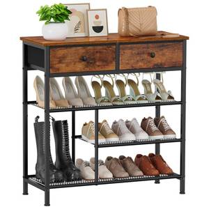 lot 3797 image: Snughome Shoe Rack for Entryway, 4 Tier Shoe Organizer with 2 Non-Woven Drawers, Shoe Storage Shelves with Sturdy Wooden Top and Metal Shelves, Shoe Stand for Closet