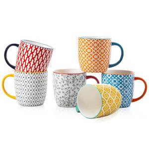 lot 3804 image: Cerkik Ceramic Coffee Mugs Set - 10 Oz Large Porcelain Tea Cups with Handle for Cappuccino Latte Cocoa Milk Tea - Christmas Housewarming Gift - Microwave Dishwasher Safe - Set of 6 - Assorted Colors