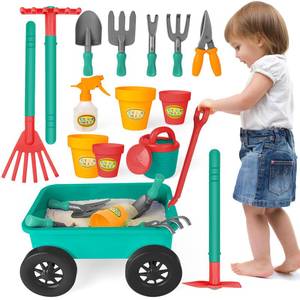 lot 3810 image: deAO Kids Garden Wagon Wheelbarrow and Gardening Tools Play Set Includes 10 Accessories and 4 Plant Pots,Great Outdoor Toddler Toys Kids Gardening Set