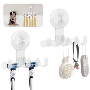 lot 4186 image: VAN CADENE 2-Pack Shower Suction Cup Hooks Razor Holder with 5 Hooks for Bathroom Accessories Loofah, Razor, and Towel Holder for Shower Wall Glass and Tiles Renter Friendly